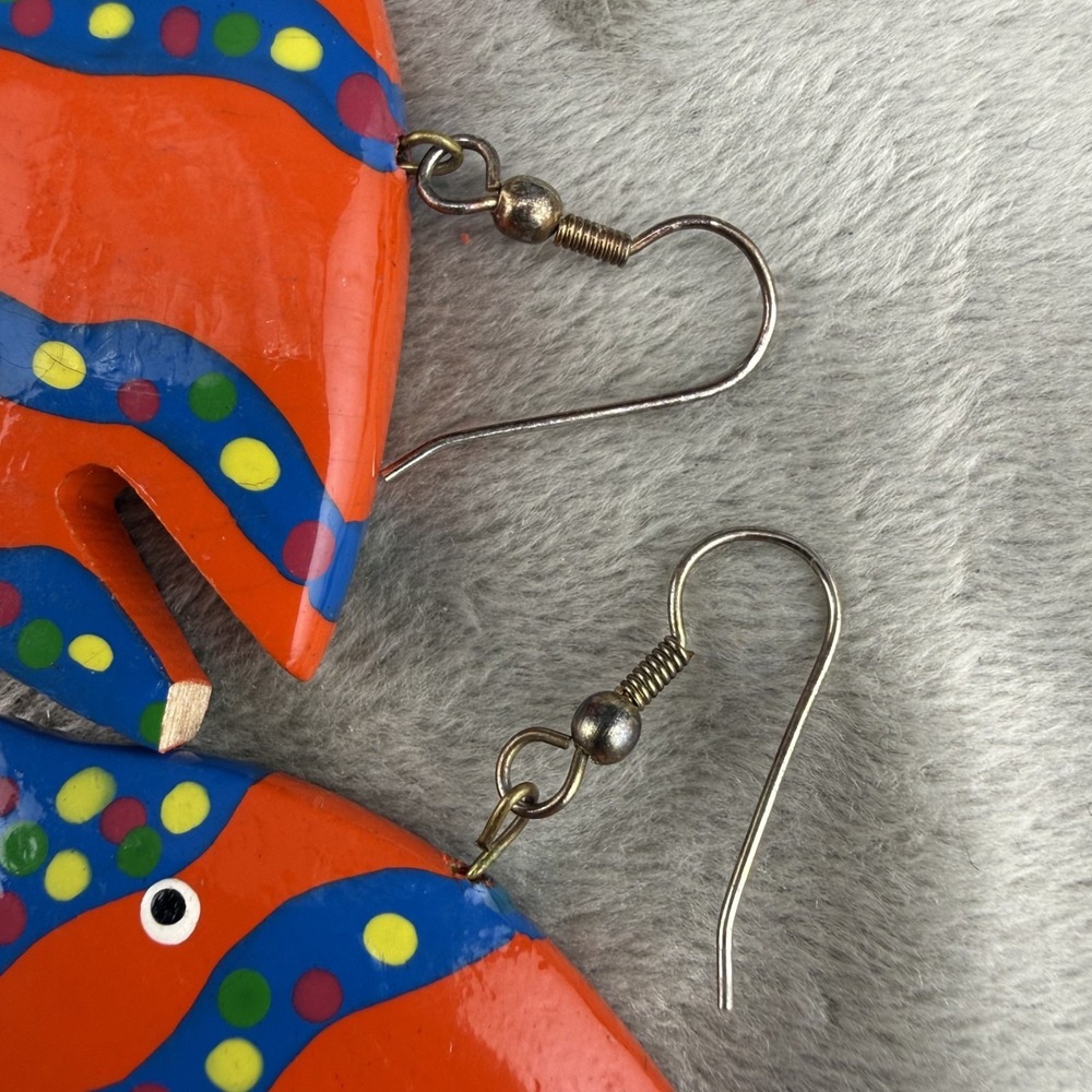 Vintage Fish Pierced Earrings Wood Painted Orange Blue Earrings Sea - Picture 2 of 7